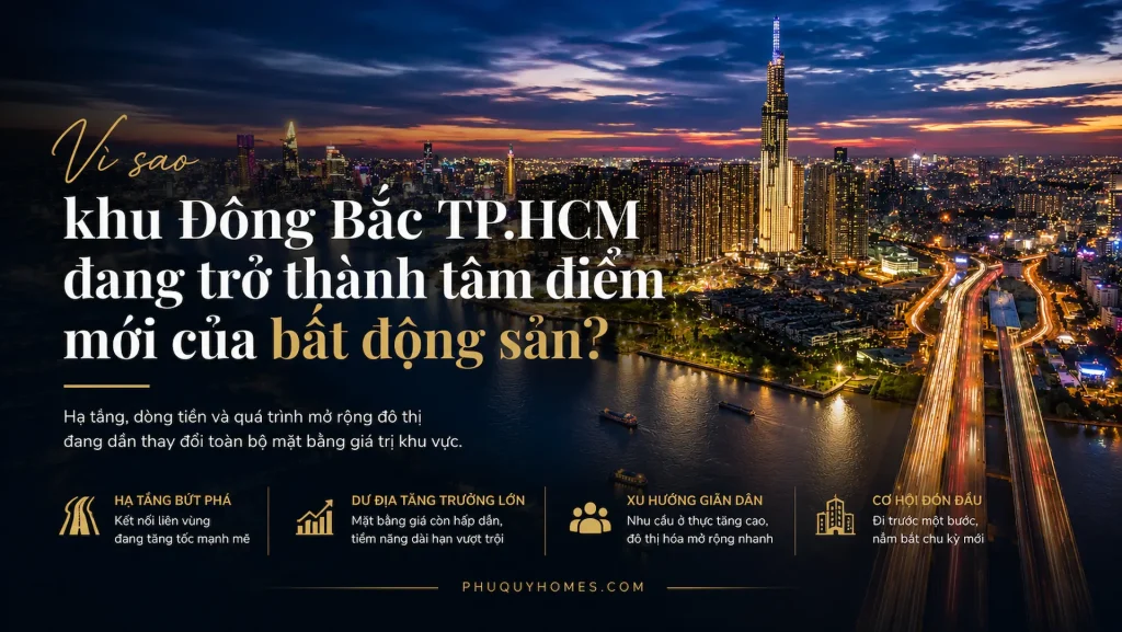 Skyline khu Đông Bắc TP.HCM về đêm với hạ tầng phát triển mạnh và các trục giao thông lớn