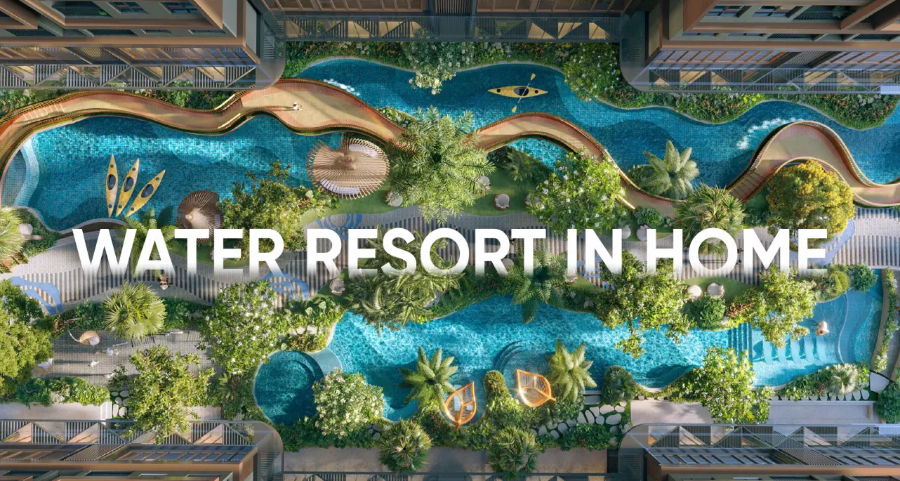 Water Resort In Home tại Monrei Saigon - Không gian nghỉ dưỡng chuẩn resort với hồ nước, dòng sông lười và tiện ích chăm sóc sức khỏe.